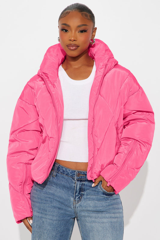 Biggest Fan Cropped Puffer Jacket - Hot Pink