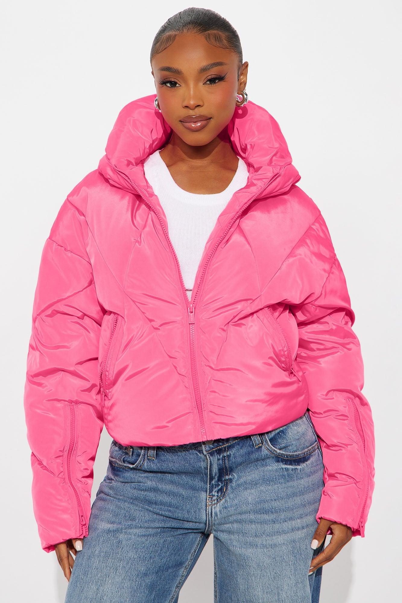 Biggest Fan Cropped Puffer Jacket - Hot Pink