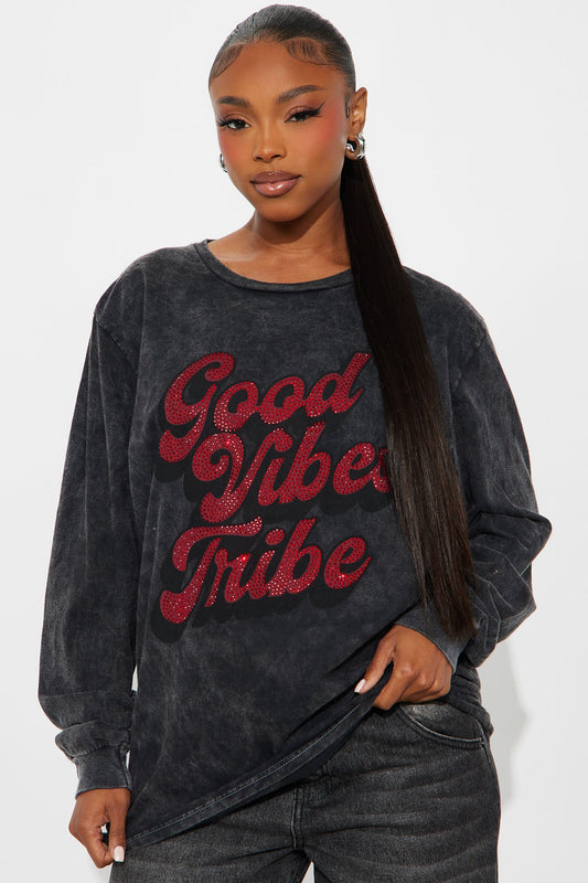Good Vibes Tribe Washed Long Sleeve Tee - Grey Mineral Wash