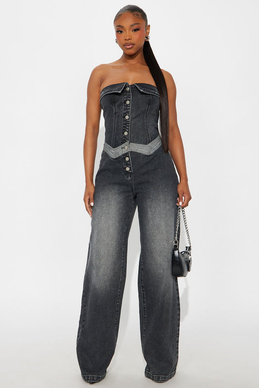 Level Up Denim Wide Leg Jumpsuit - Black Wash