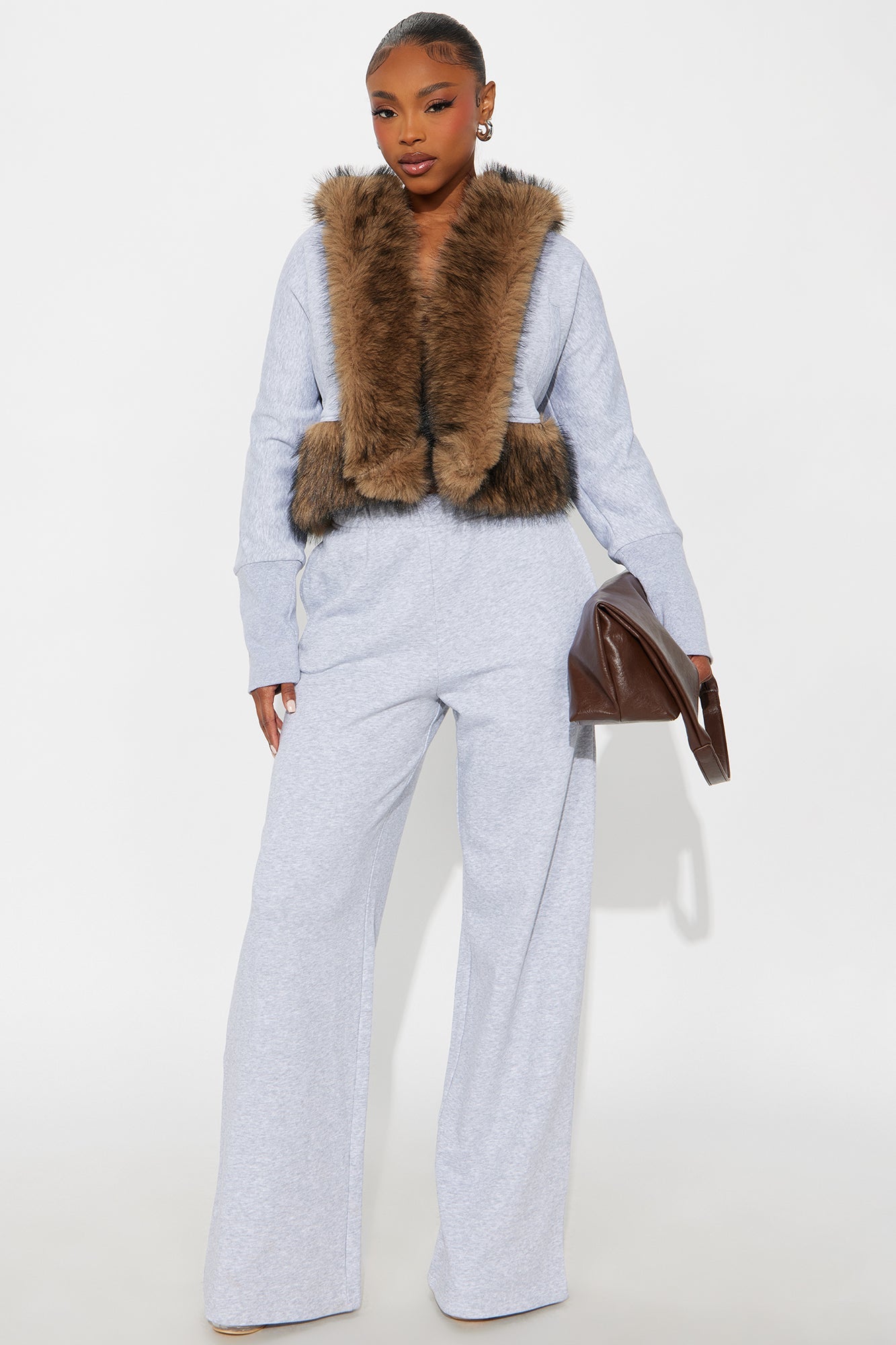 Farina Faux Fur Pant Set - Grey