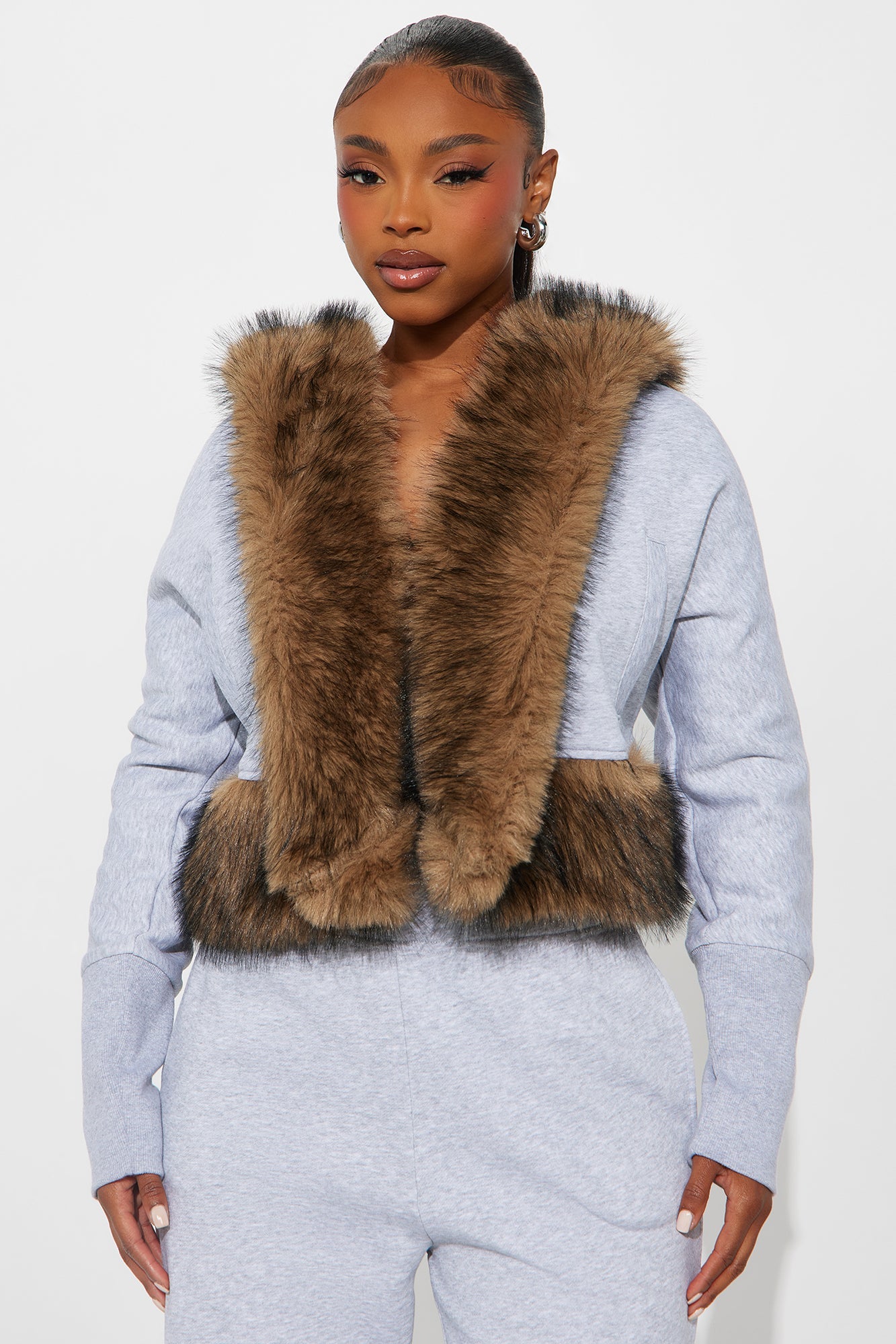 Farina Faux Fur Pant Set - Grey