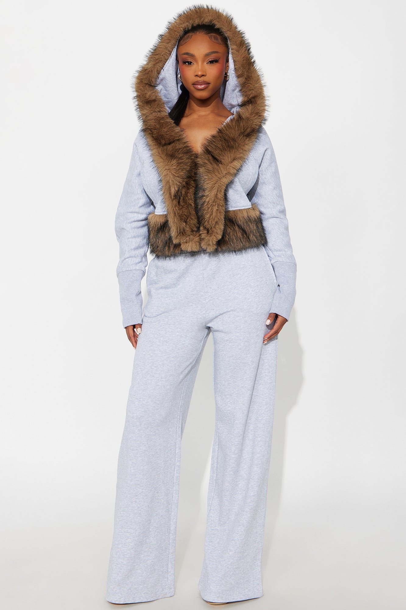 Farina Faux Fur Pant Set - Grey
