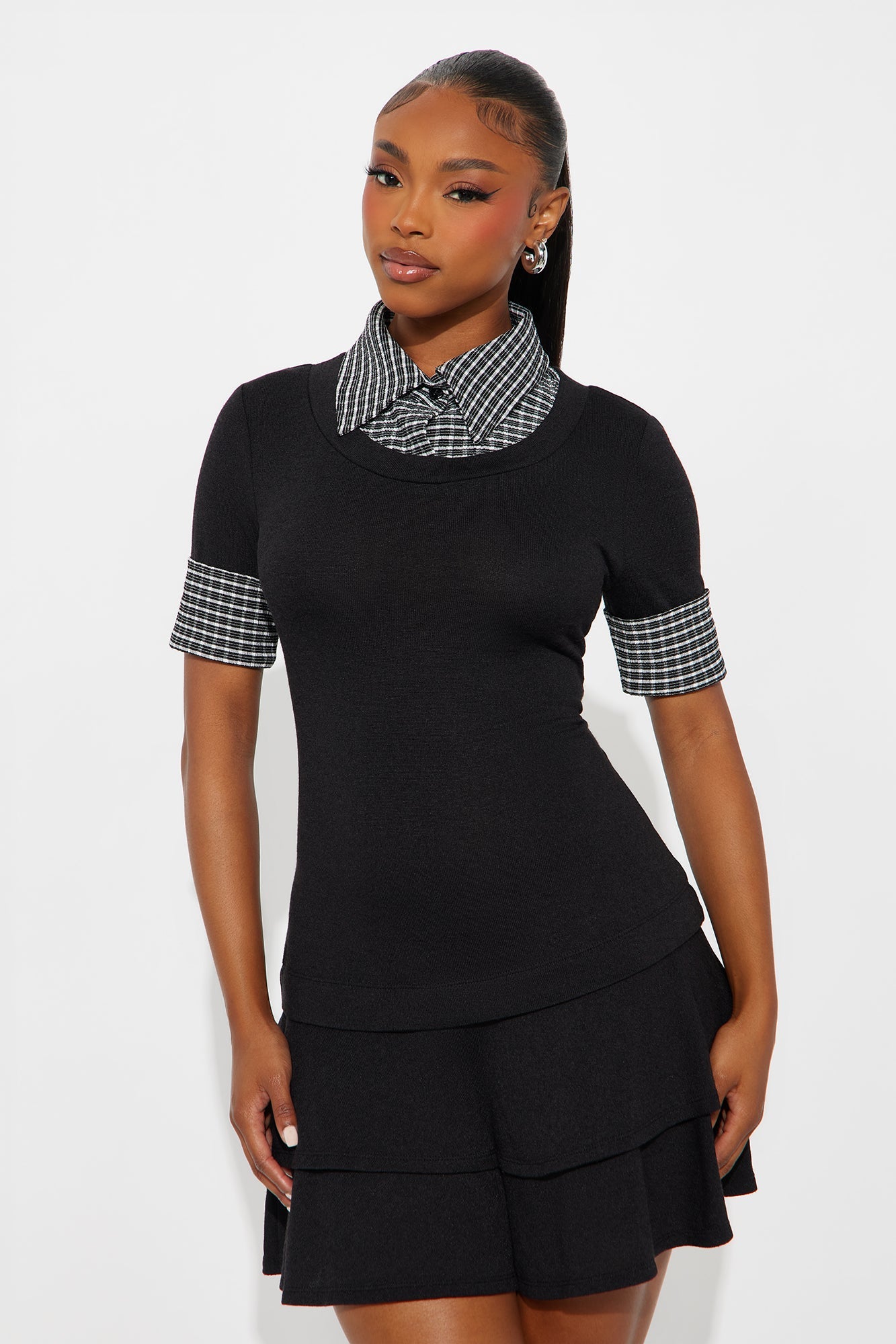 Imogen Collar Ruffle Mini Dress - Black/combo