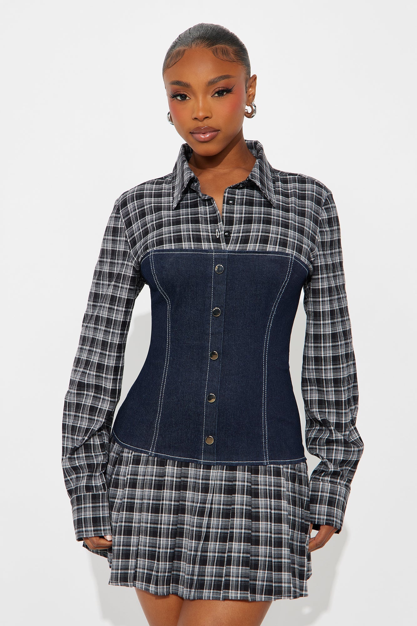 Maribelle Plaid Shirt Micro Mini Dress - Black/combo