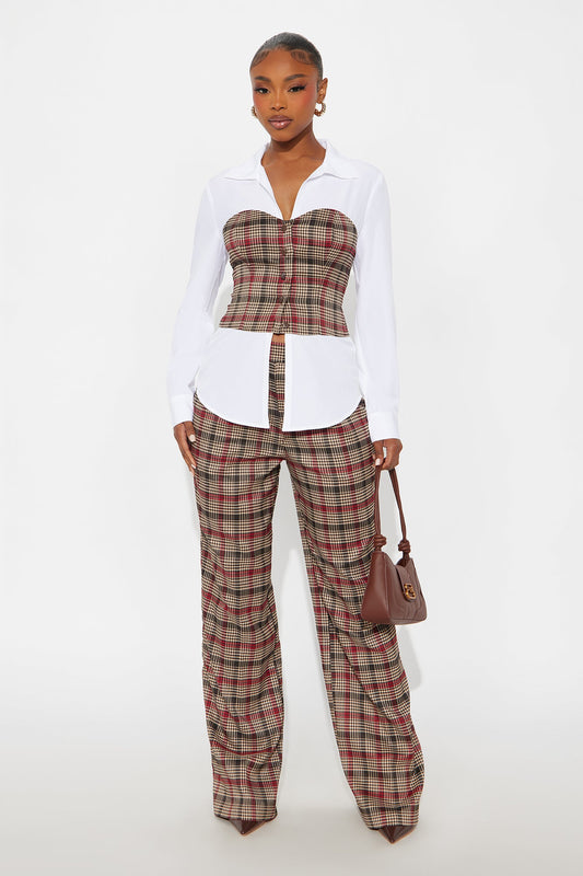 Straight To It Plaid Pant Set - Brown Combo