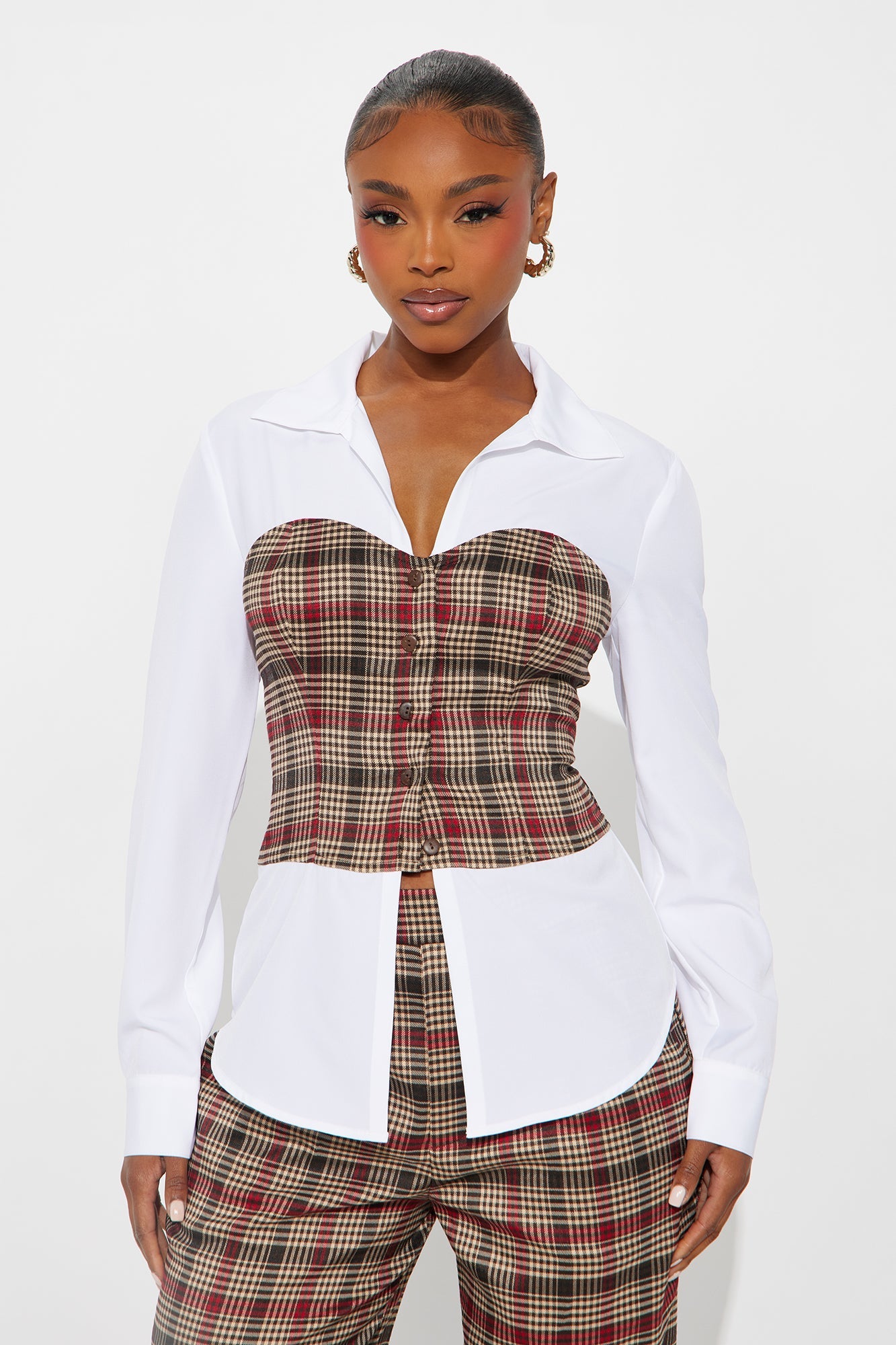 Straight To It Plaid Pant Set - Brown Combo