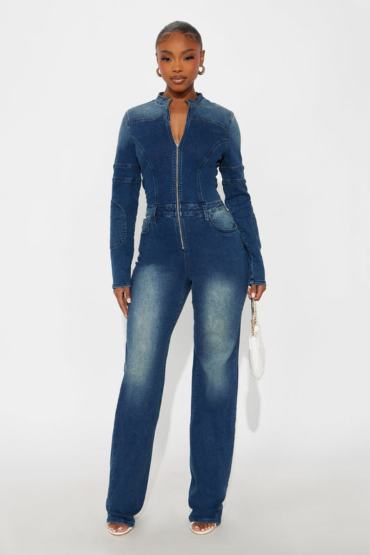 Camila Washed Denim Zip Front Jumpsuit - Denim