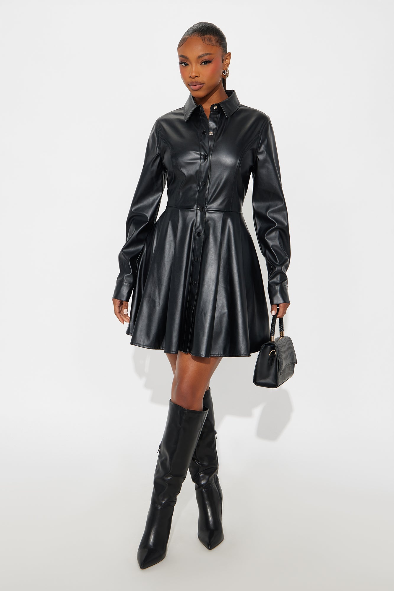 Delilah Collar Faux Leather Mini Dress - Black