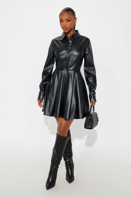 Delilah Collar Faux Leather Mini Dress - Black