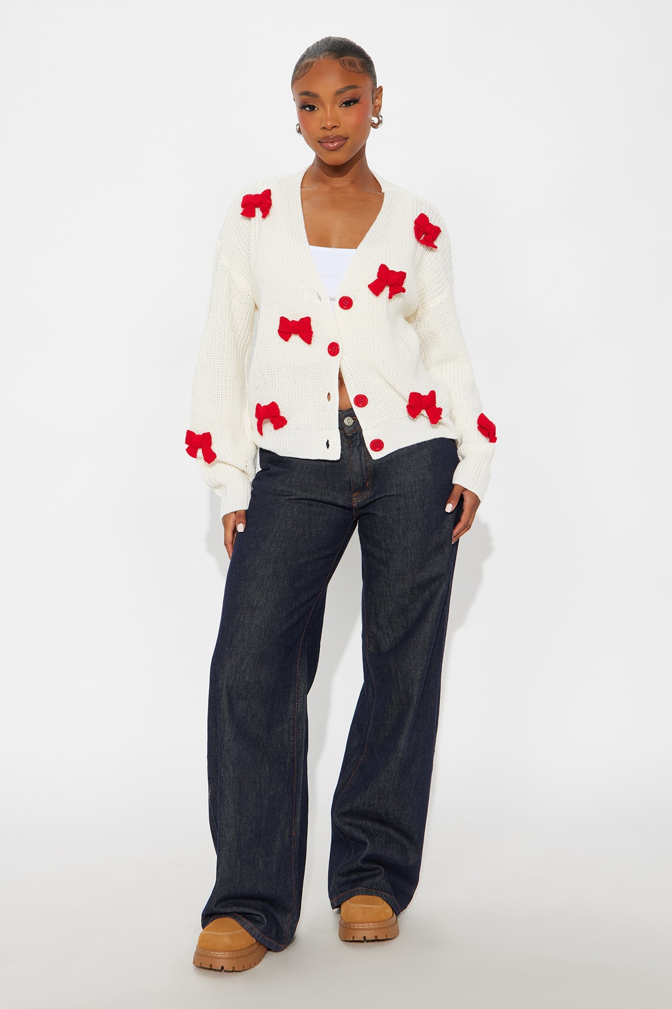 Just A Girl With Bows Chunky Knit Cardigan - Red/combo