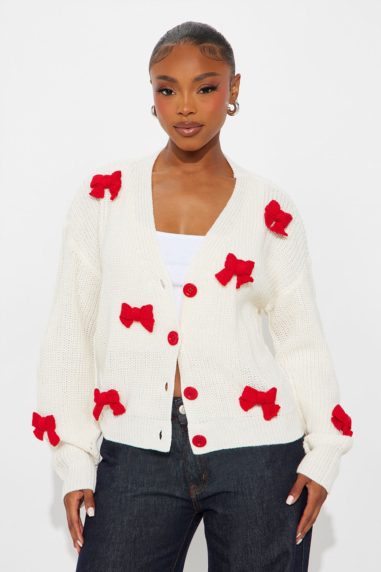 Just A Girl With Bows Chunky Knit Cardigan - Red/combo