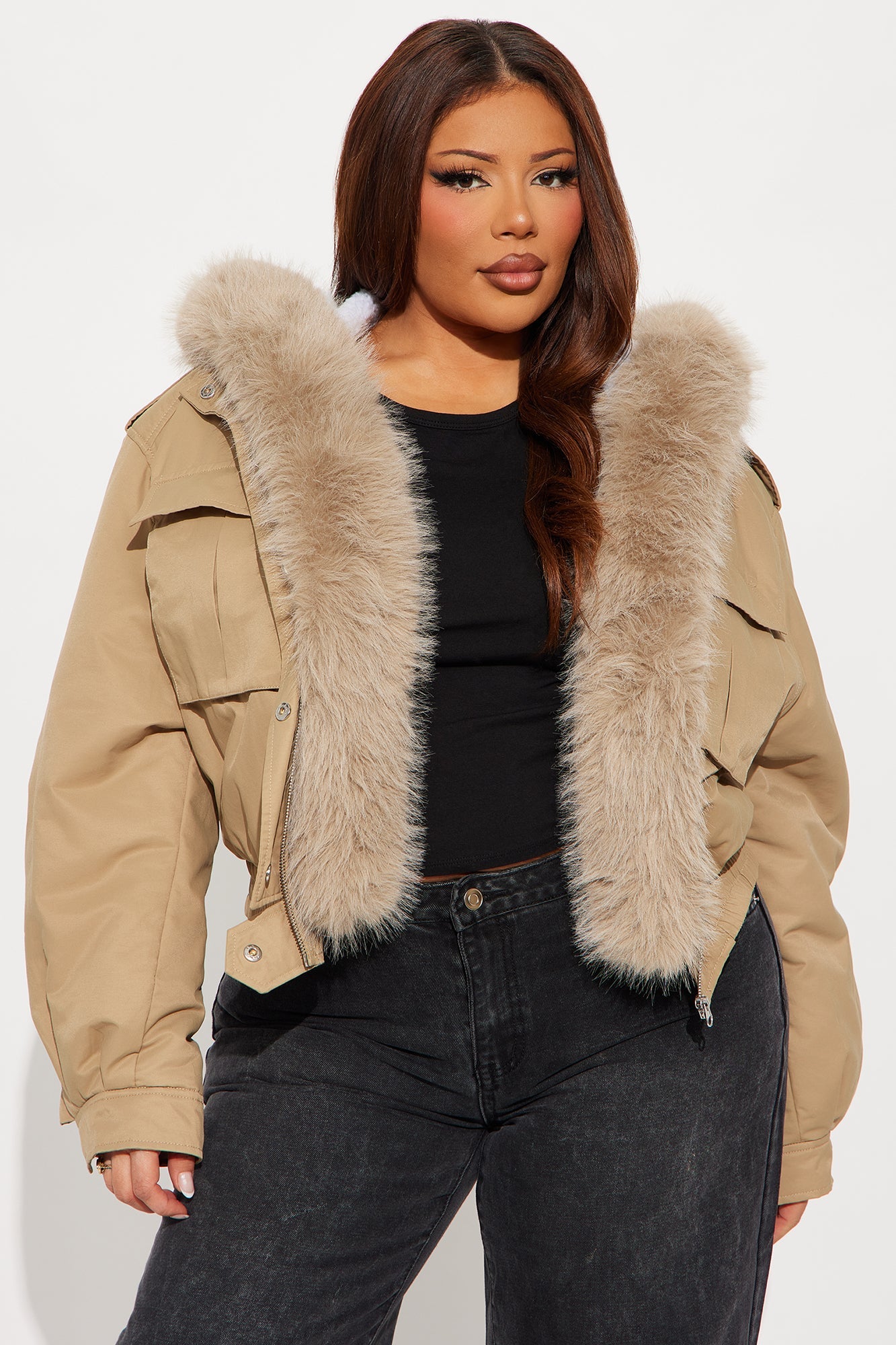 Burr Effect Cropped Fur Trim Puffer Jacket - Khaki