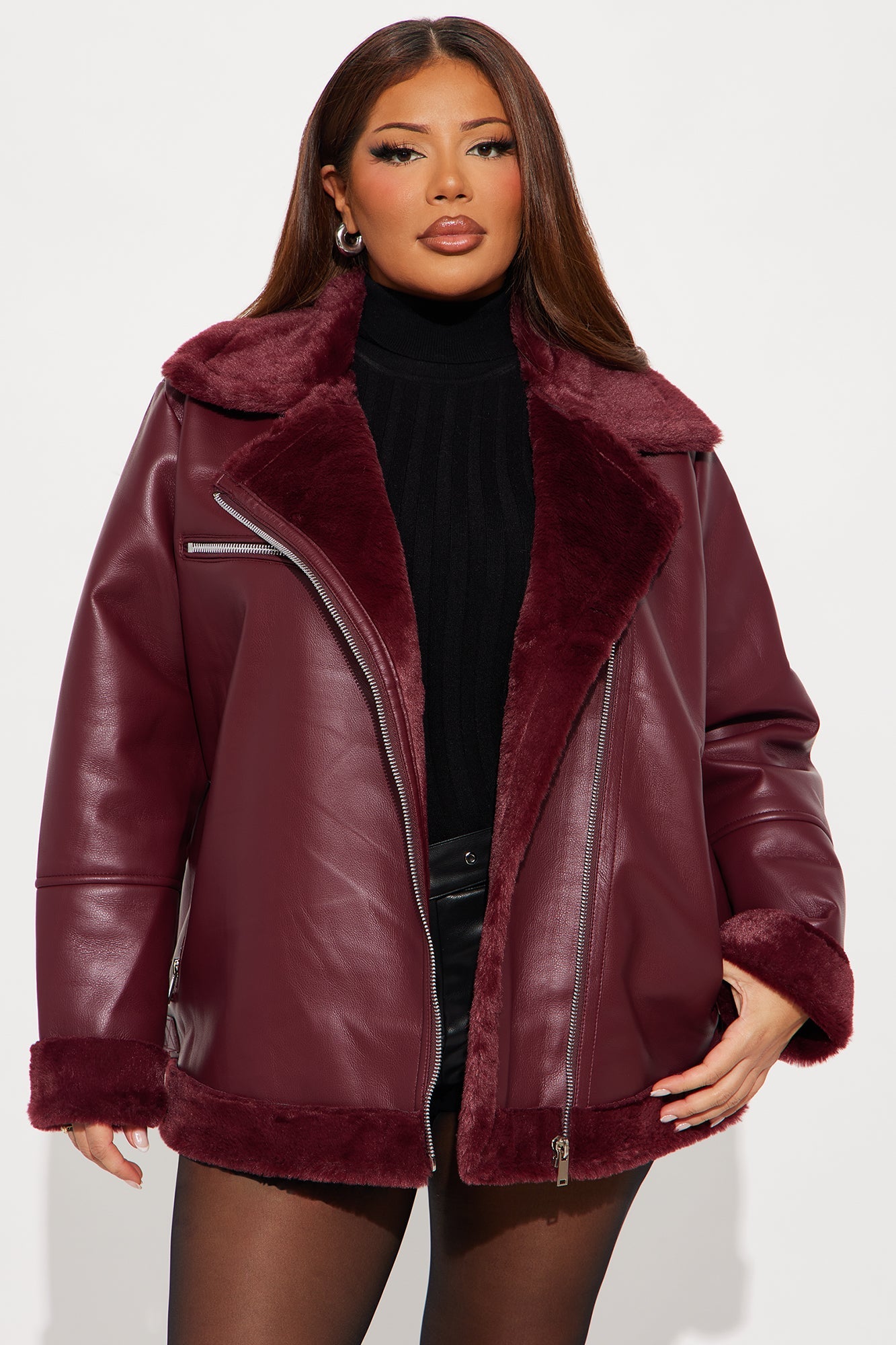 Chic Bad Ass Faux Leather Jacket - Burgundy