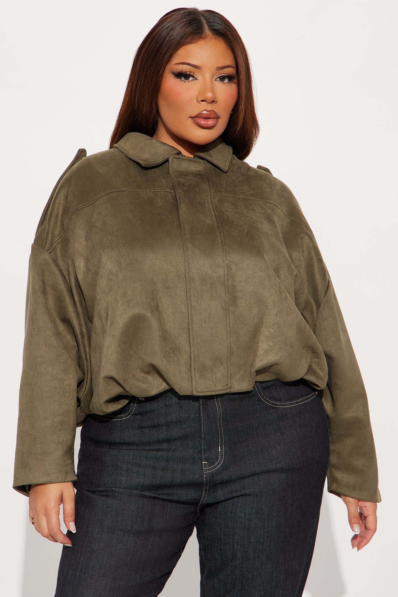 Harlowe Oversized Faux Suede Jacket - Olive
