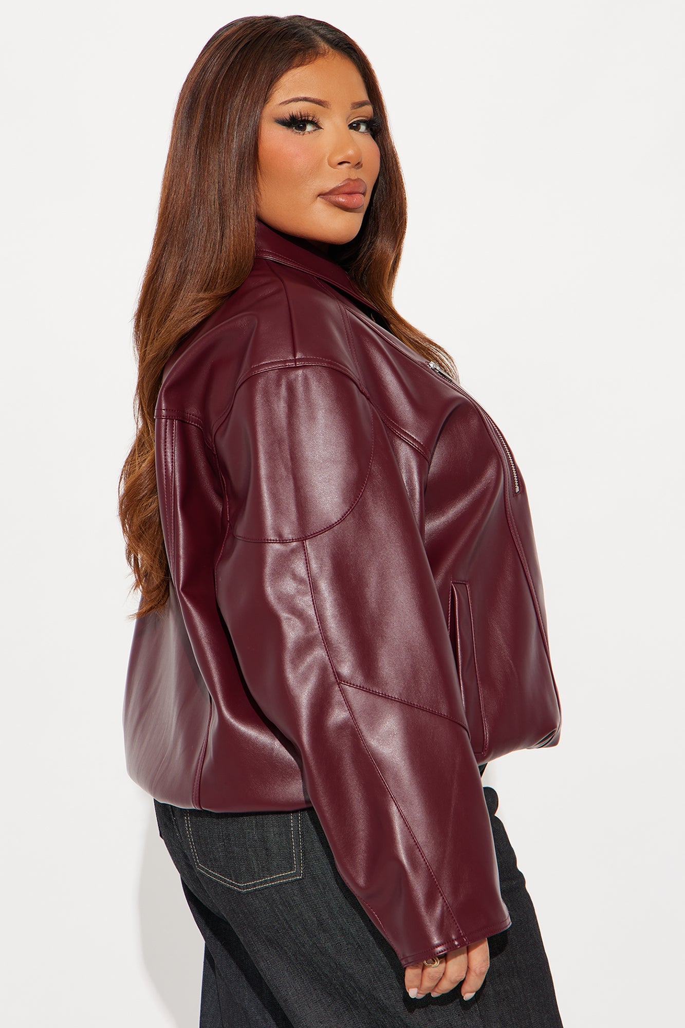 More To Come Faux Leather Bomber Jacket - Burgundy