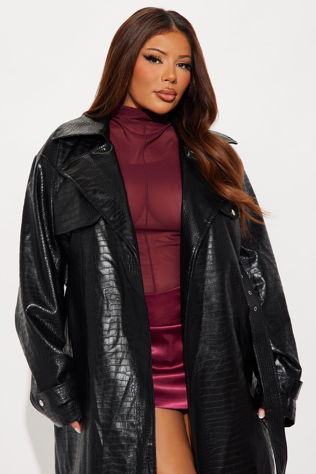 Noah Croc Faux Leather Trench Coat - Black