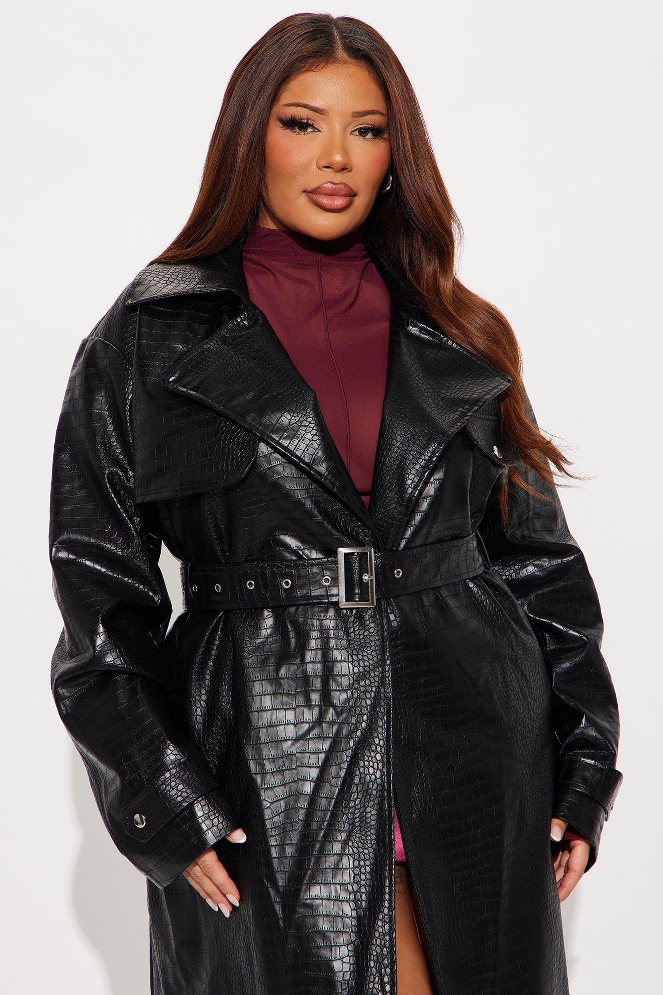 Noah Croc Faux Leather Trench Coat - Black