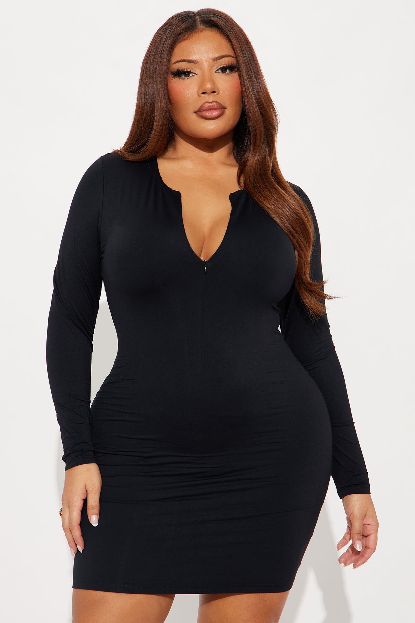 Second Skin Double Lined Zip Front Long Sleeve Mini Dress - Black