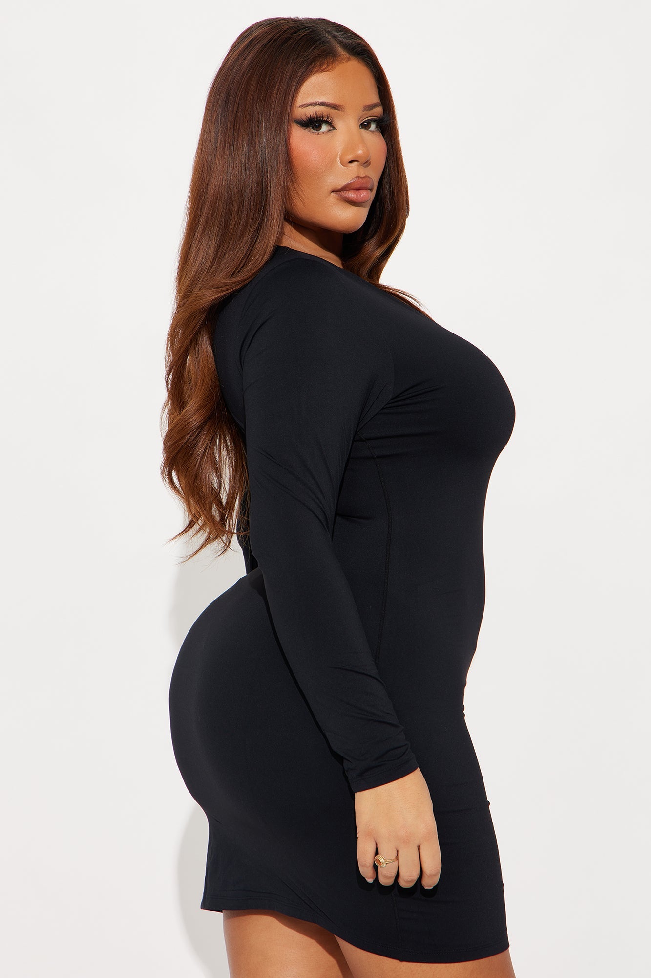 Second Skin Double Lined Zip Front Long Sleeve Mini Dress - Black