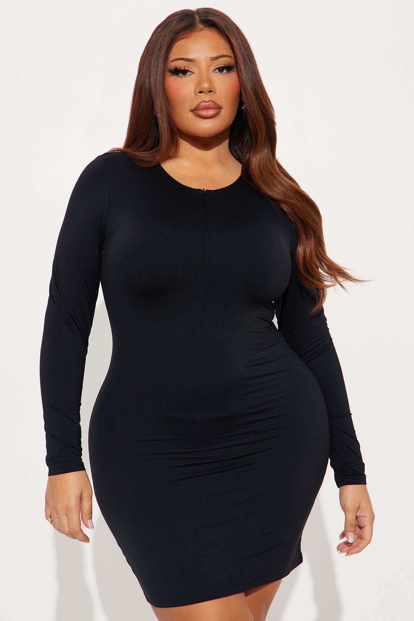 Second Skin Double Lined Zip Front Long Sleeve Mini Dress - Black