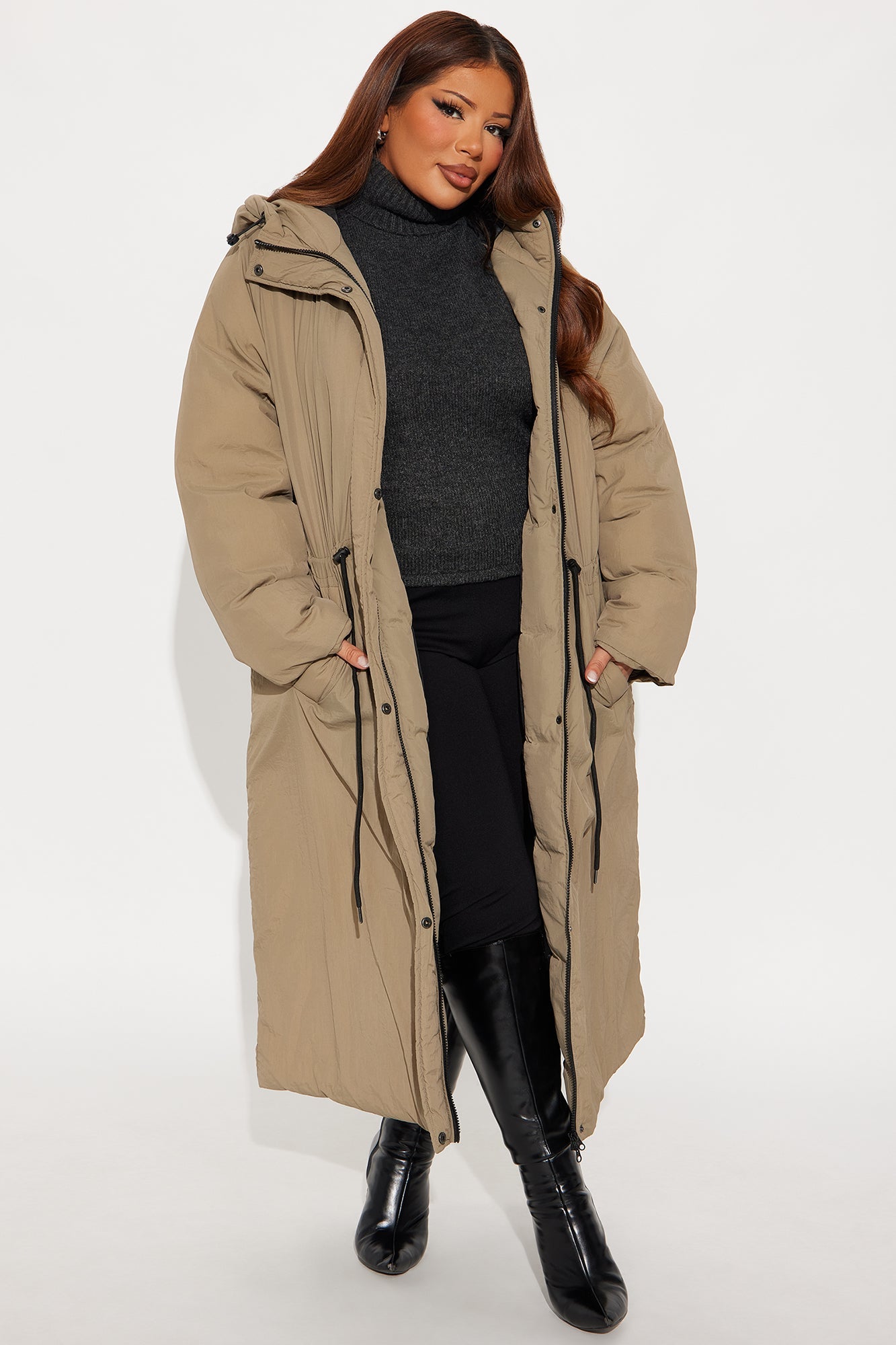 Warm Touch Long Nylon Coat - Khaki