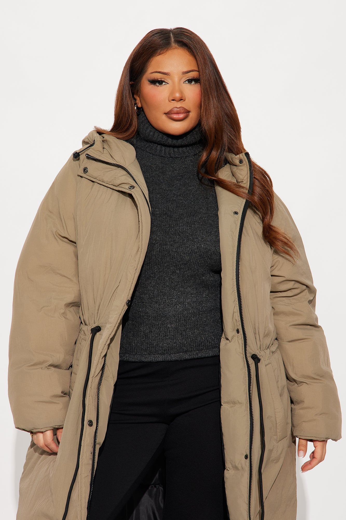 Warm Touch Long Nylon Coat - Khaki