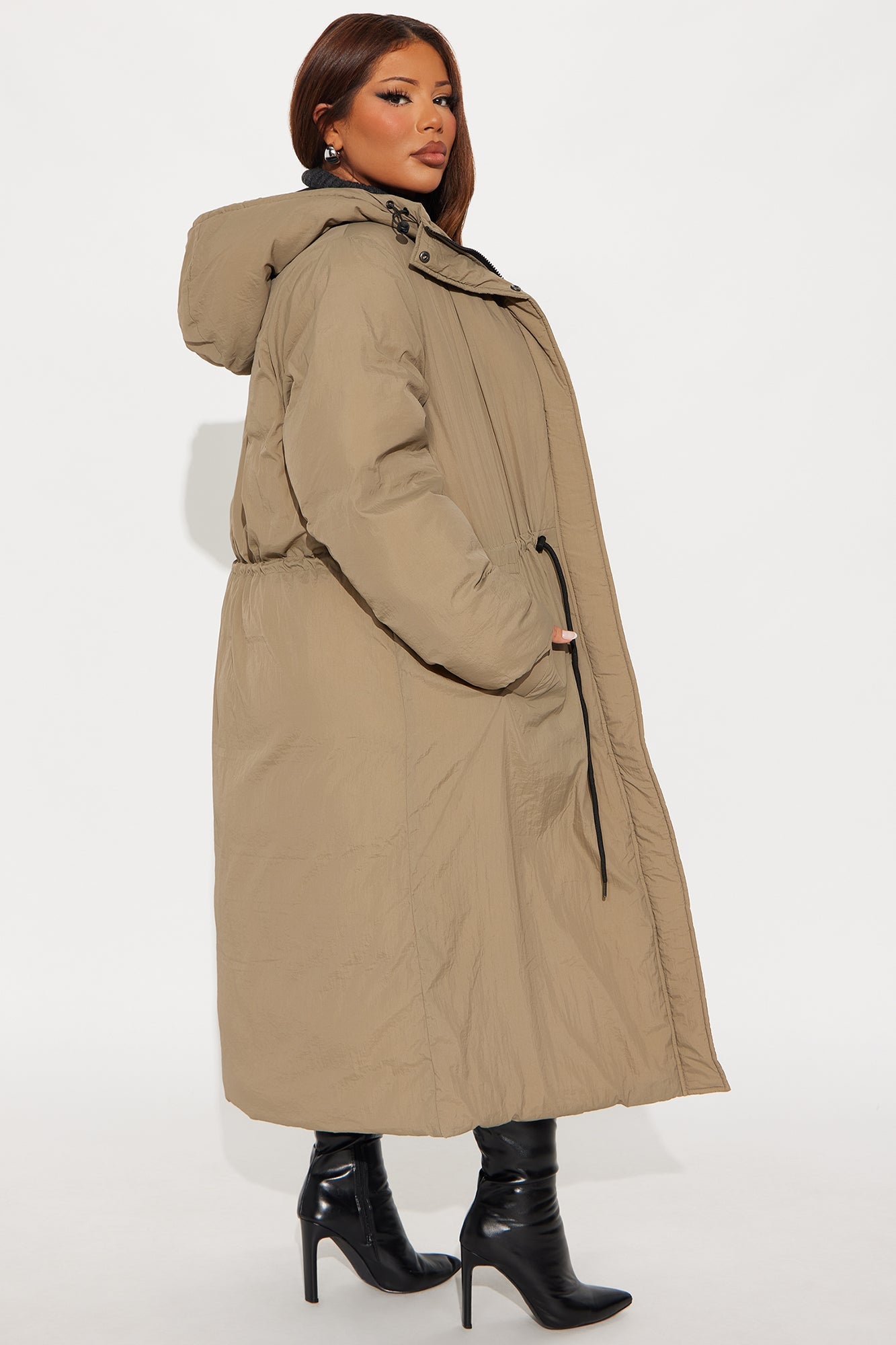 Warm Touch Long Nylon Coat - Khaki