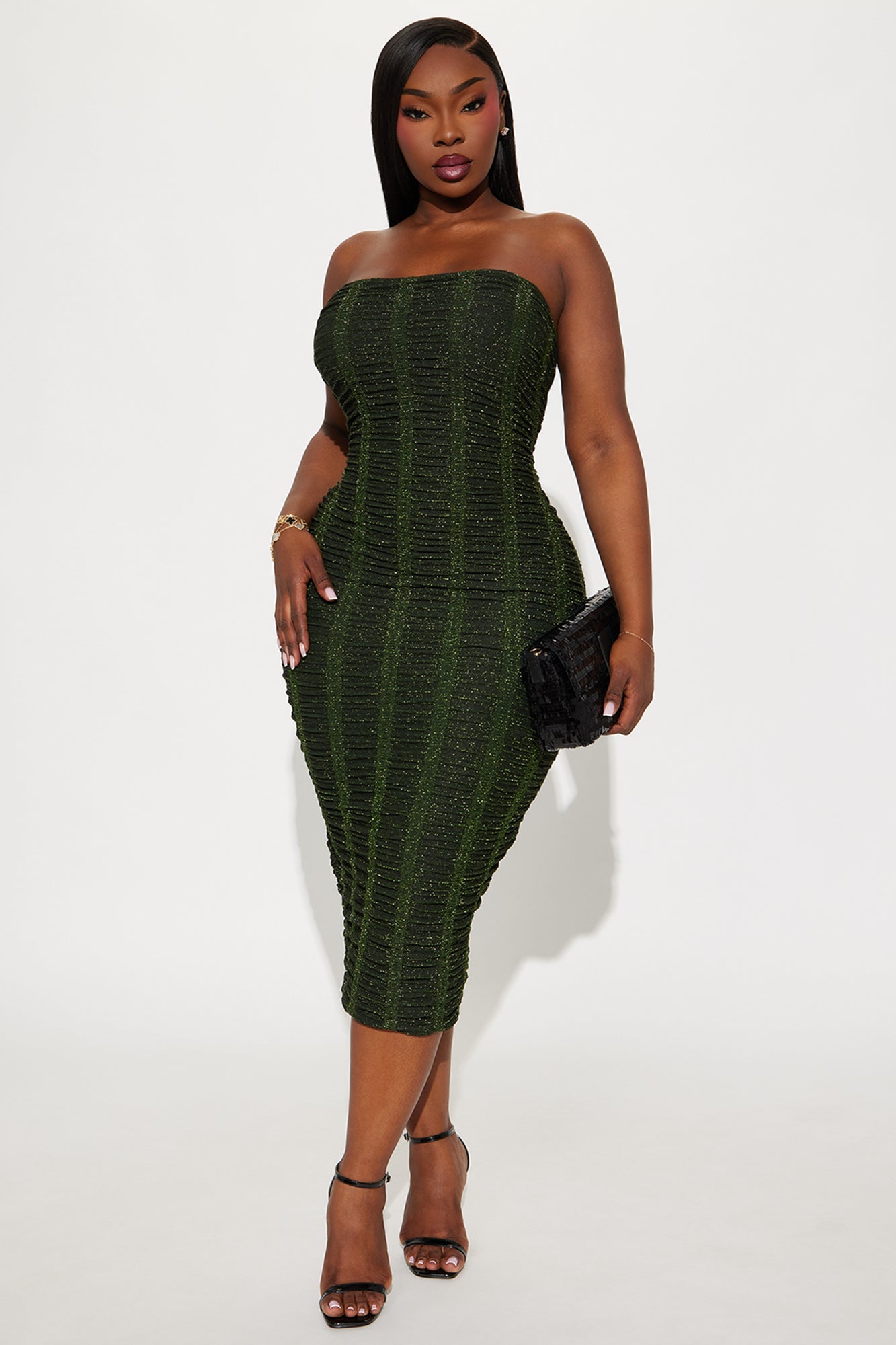 Matrix Strapless Metallic Midi Dress - Green