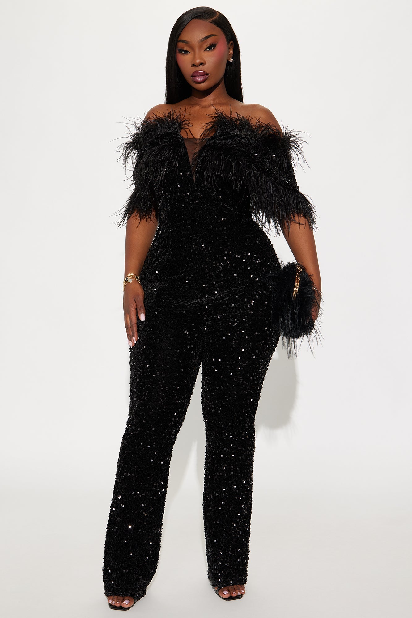 Marley Sequin Feather Jumpsuit - Black