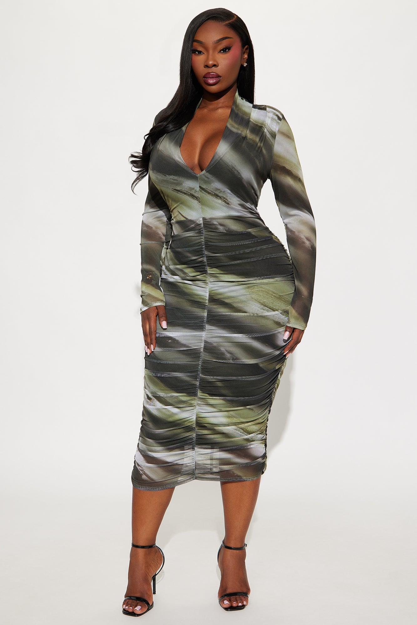 Tamara Long Sleeve Tie Dye Mesh Midi Dress - Olive/combo