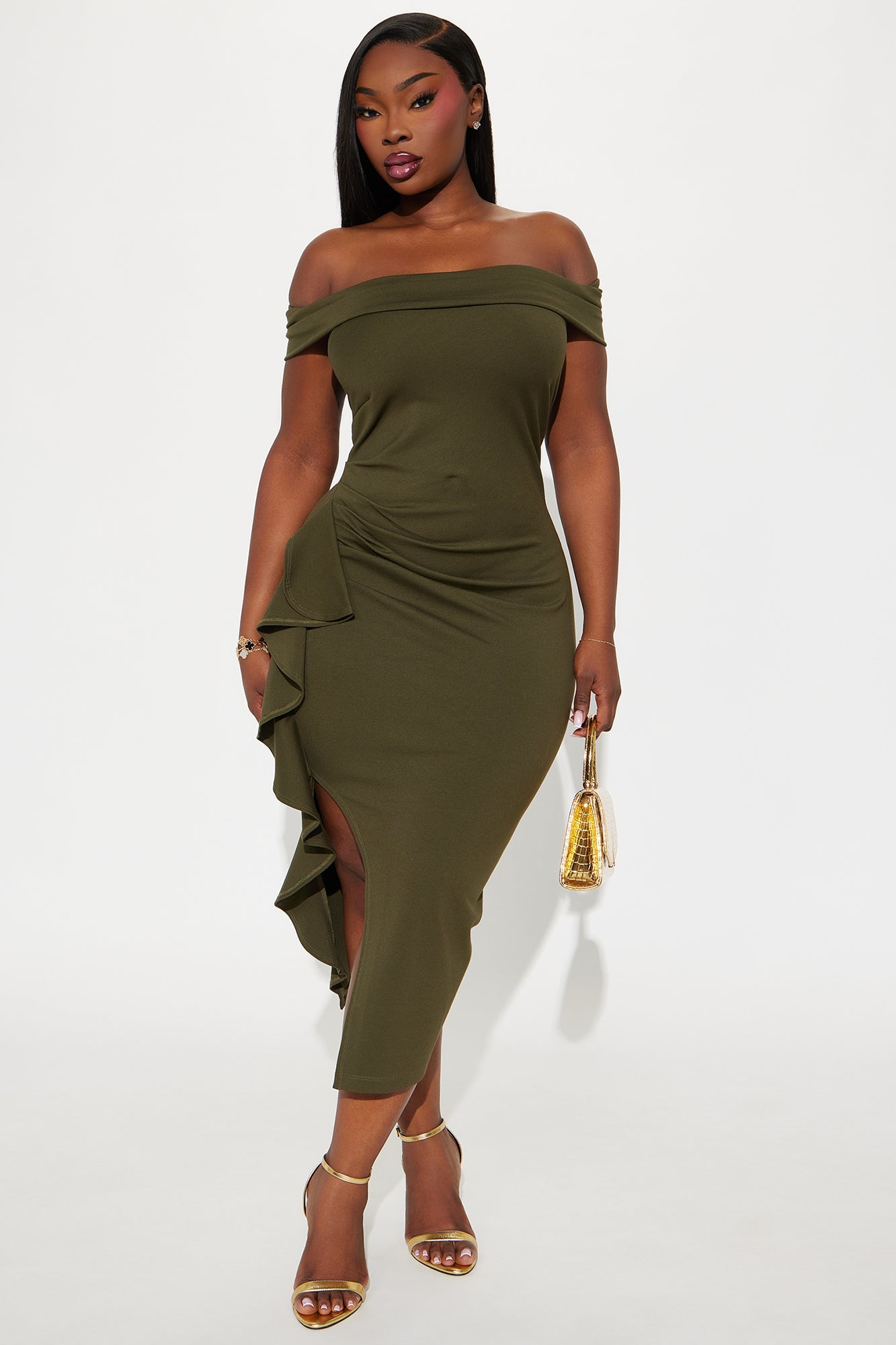 Jeanne Off Shoulder Ponte Midi Dress - Olive