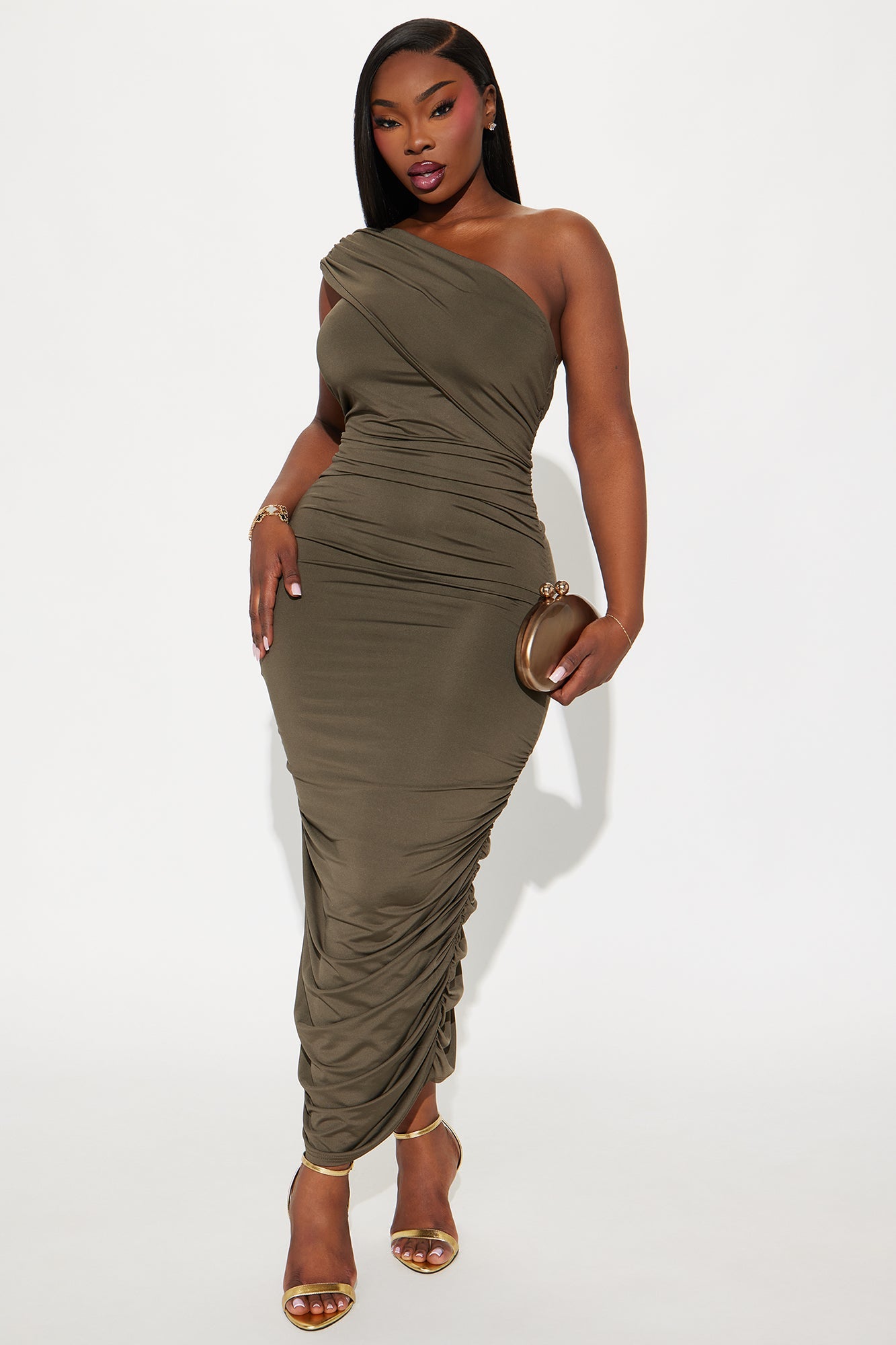 Emmalyn Ruched Midi Dress - Olive