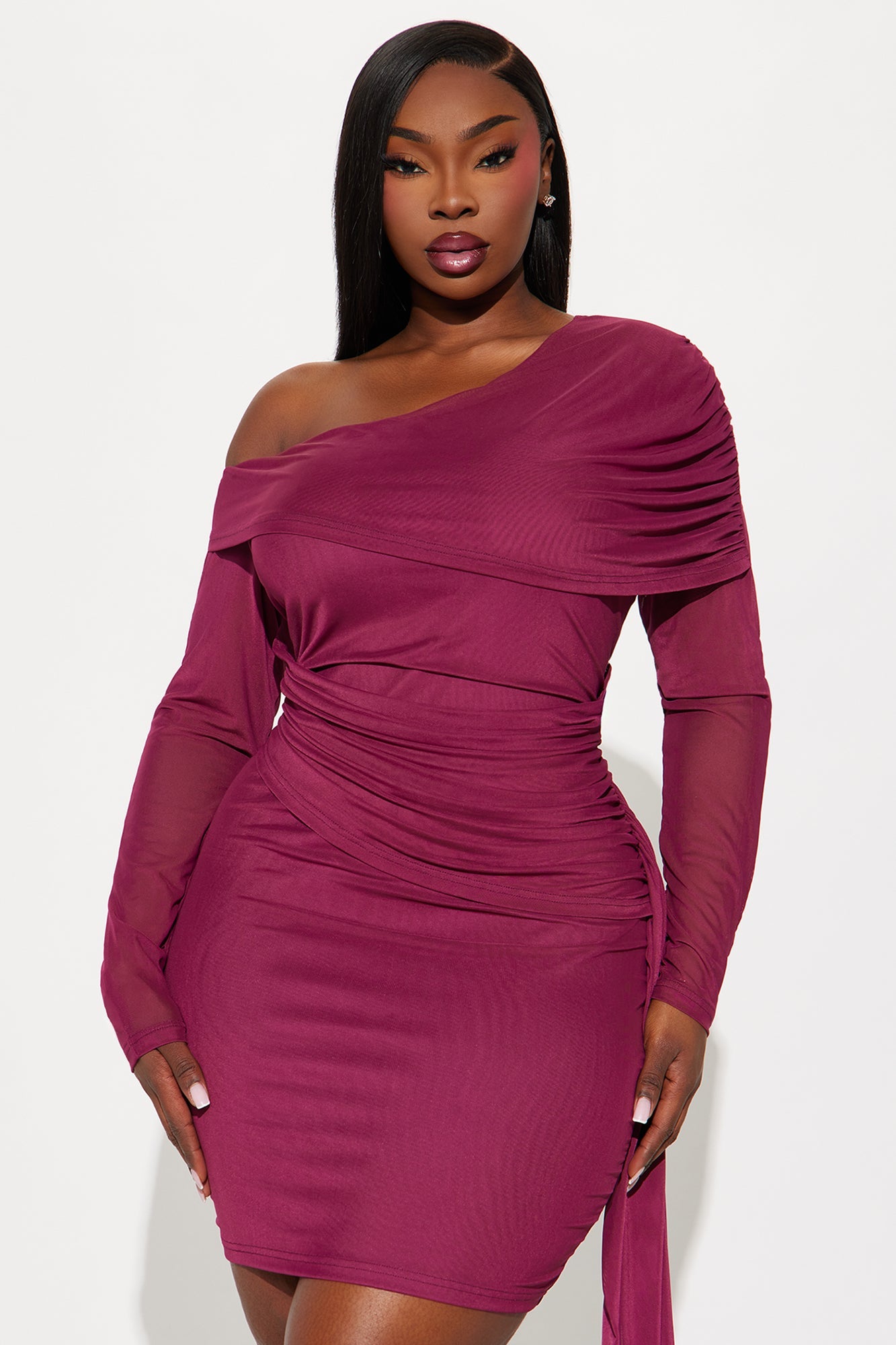 Diva Mode Draped Mesh Mini Dress - Burgundy
