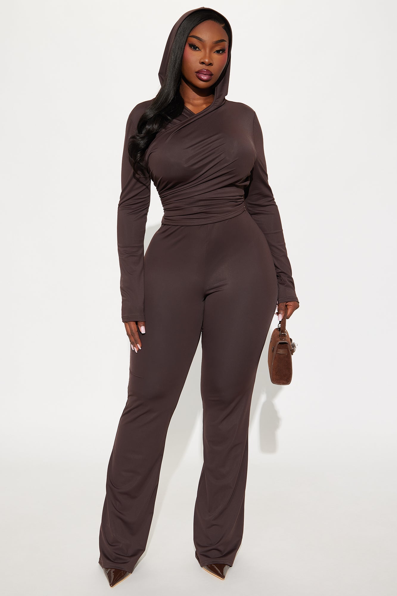 Arlo Hooded Flare Pant Set - Chocolate