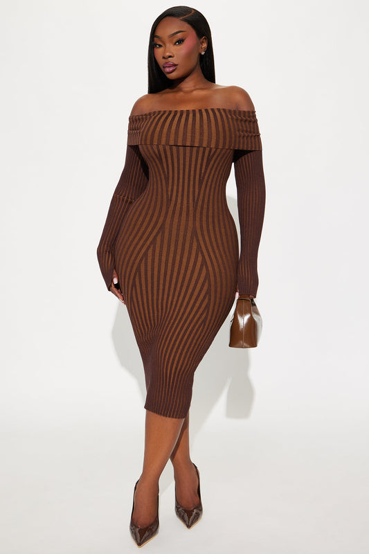 Cosette Striped Sweater Midi Dress - Brown
