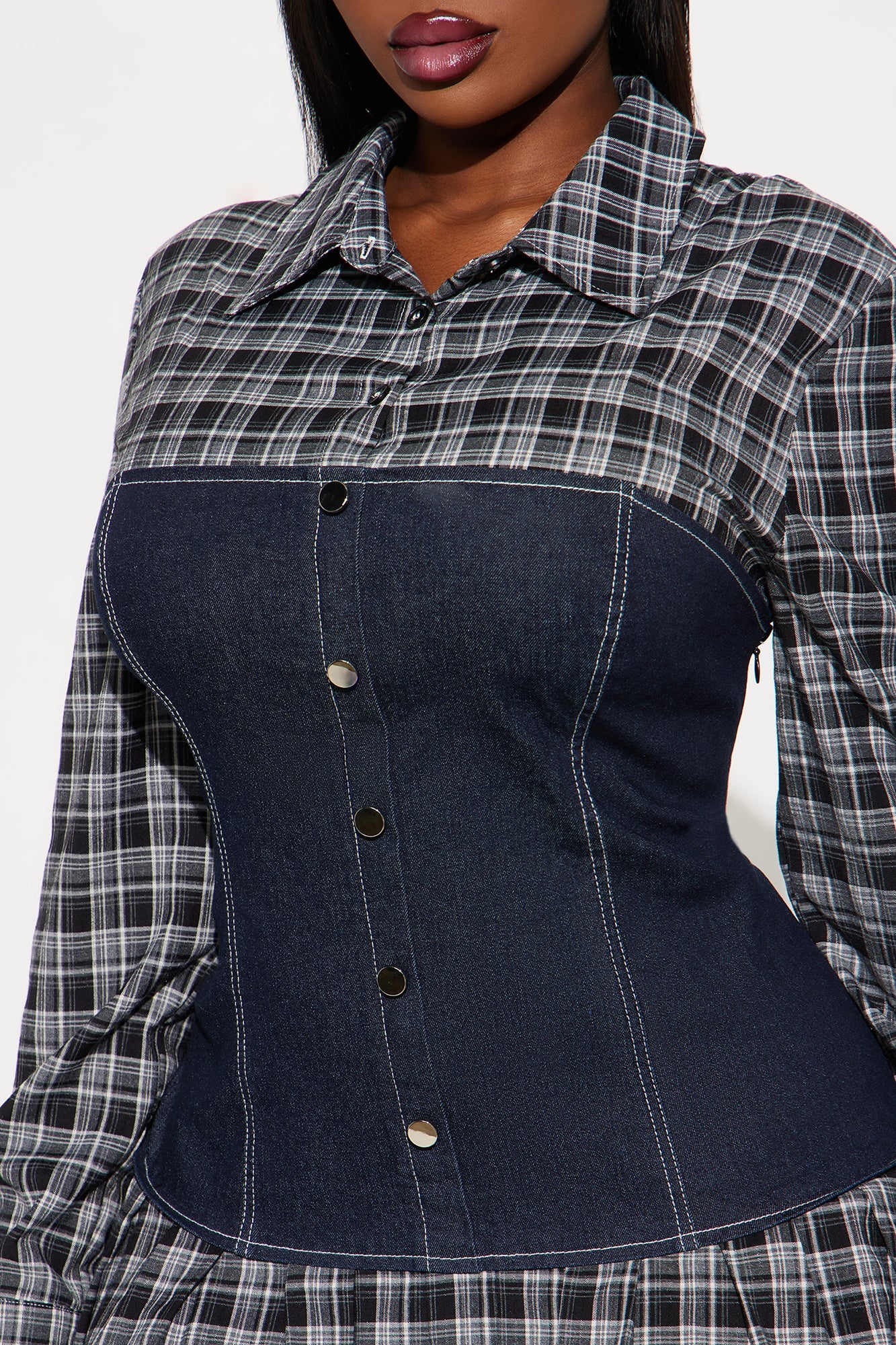 Maribelle Plaid Shirt Micro Mini Dress - Black/combo