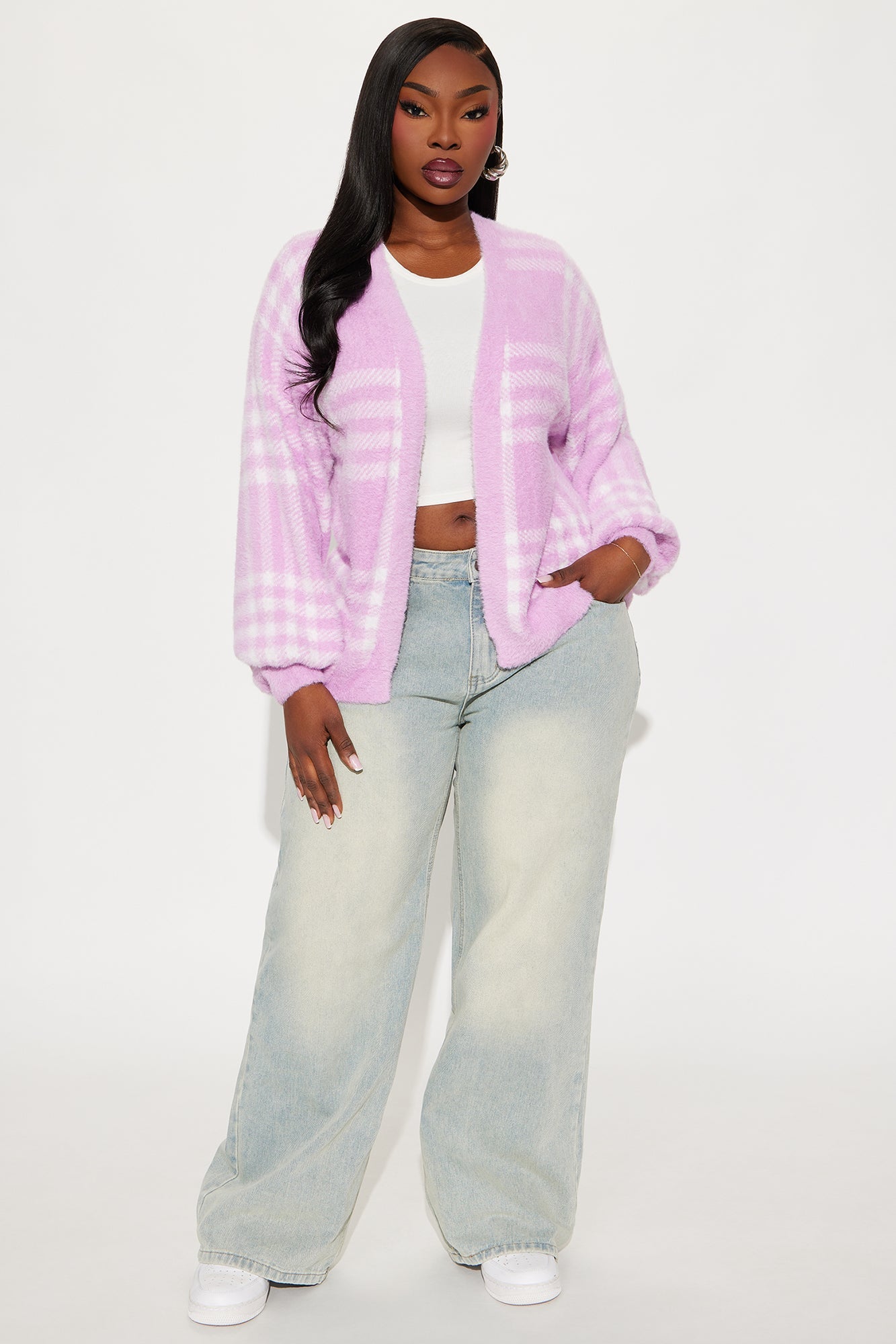 Feels Like Fuzzy Plaid Cardigan - Pink/combo