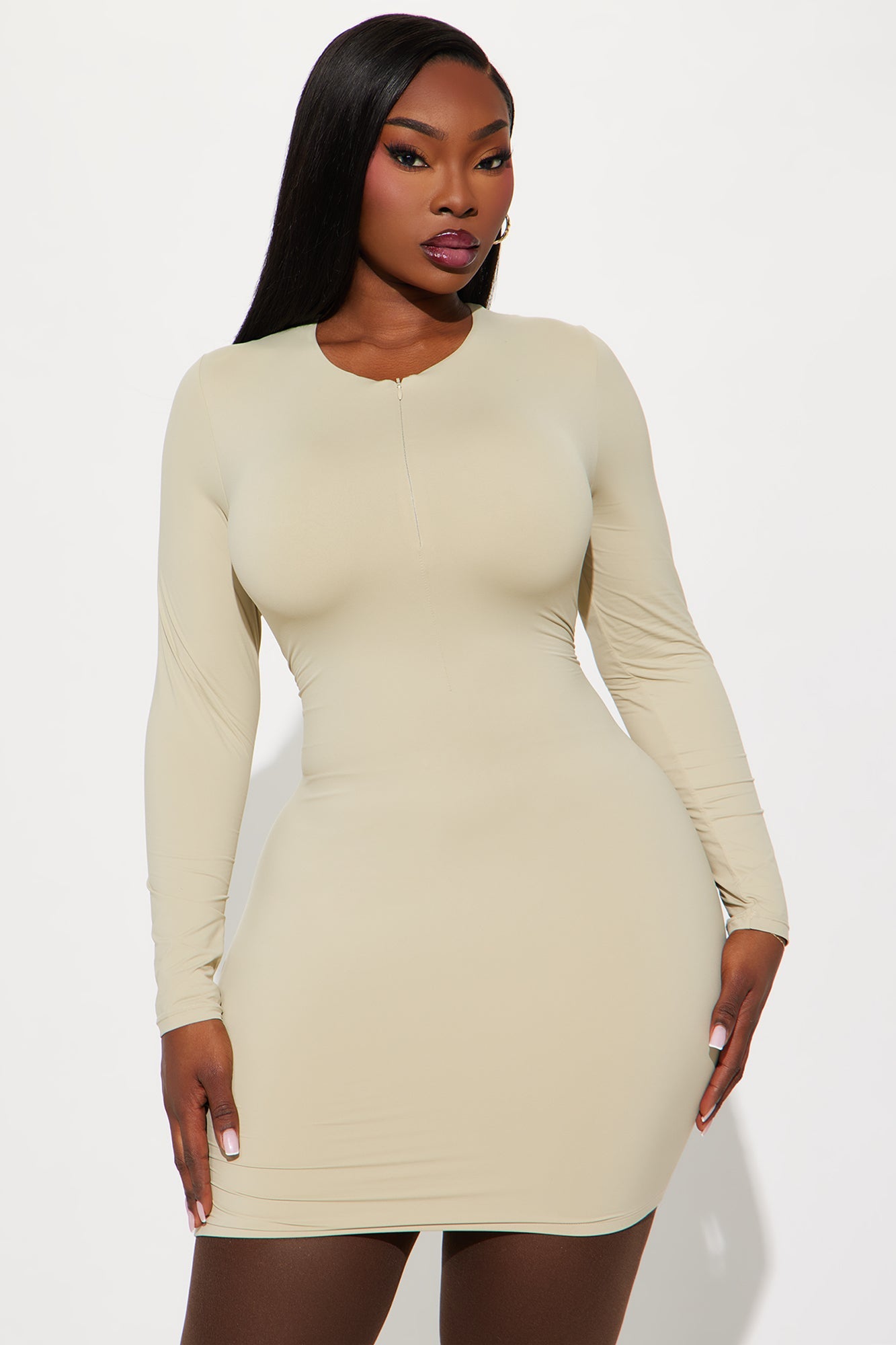 Second Skin Double Lined Zip Front Long Sleeve Mini Dress - Stone