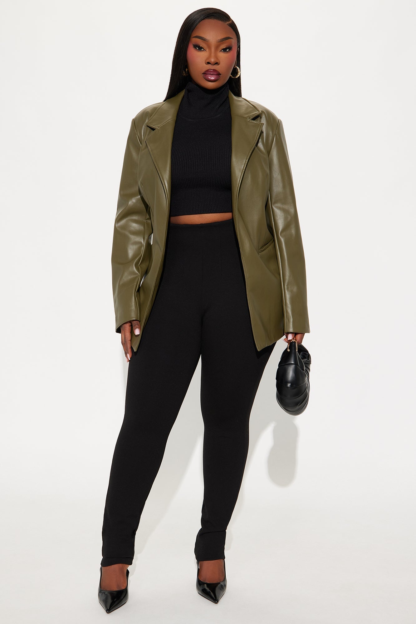 Ameli Oversized Faux Leather Blazer - Olive