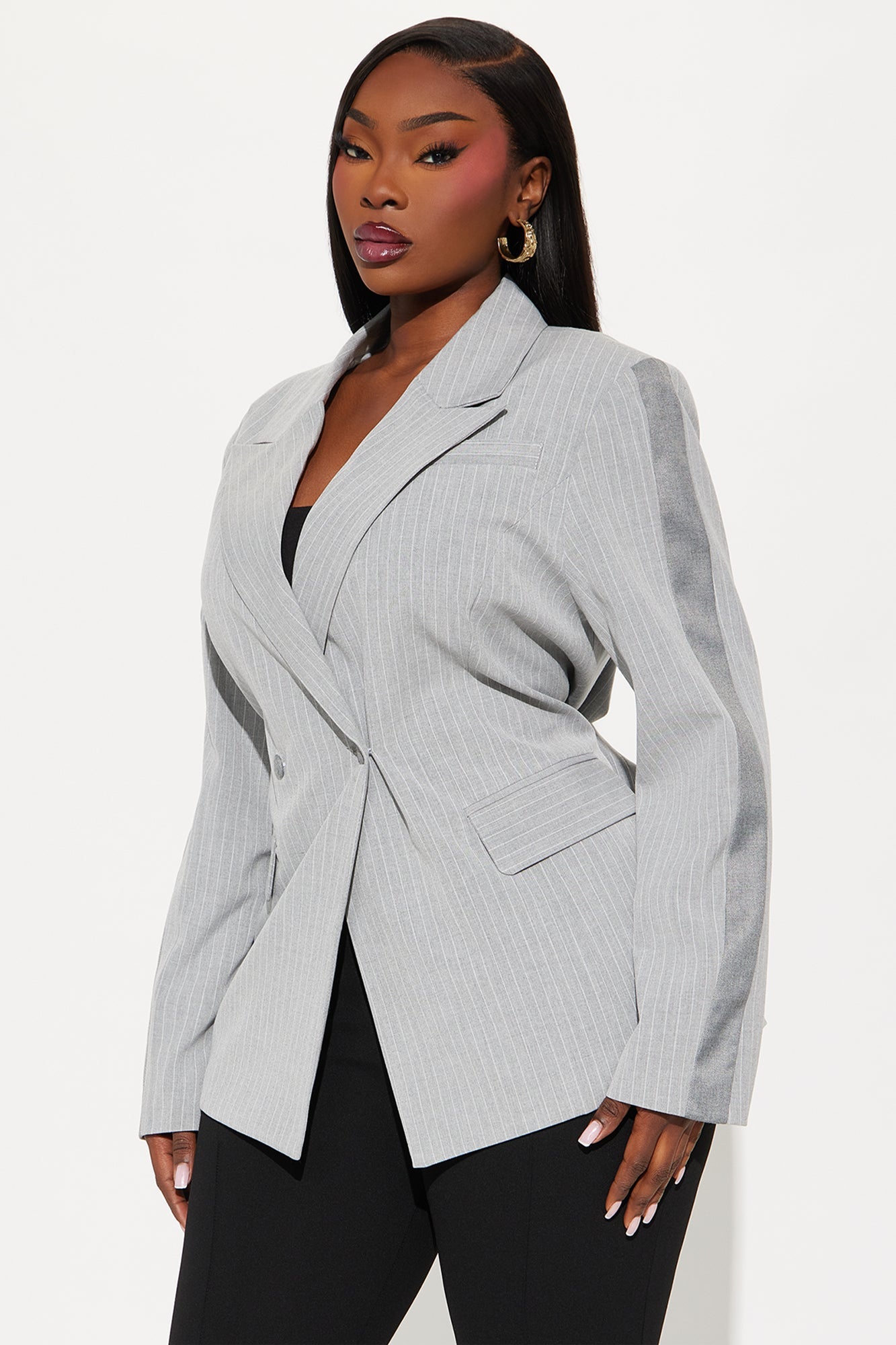 Evianna Twill Rigid Pinstripe Fitted Blazer - Charcoal/combo