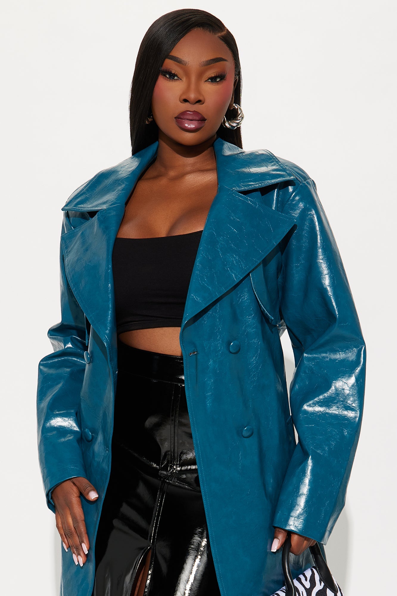 Mya Faux Leather Trench Coat - Blue