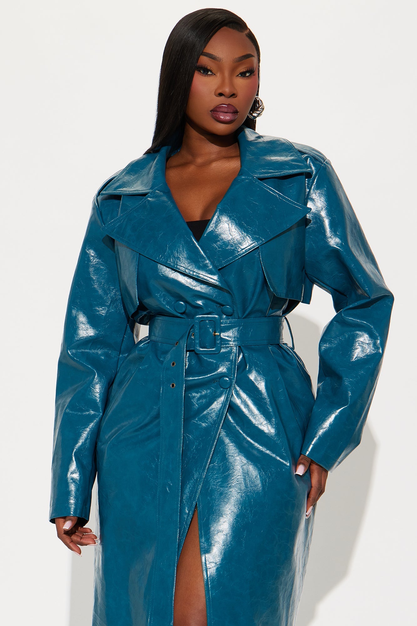 Mya Faux Leather Trench Coat - Blue