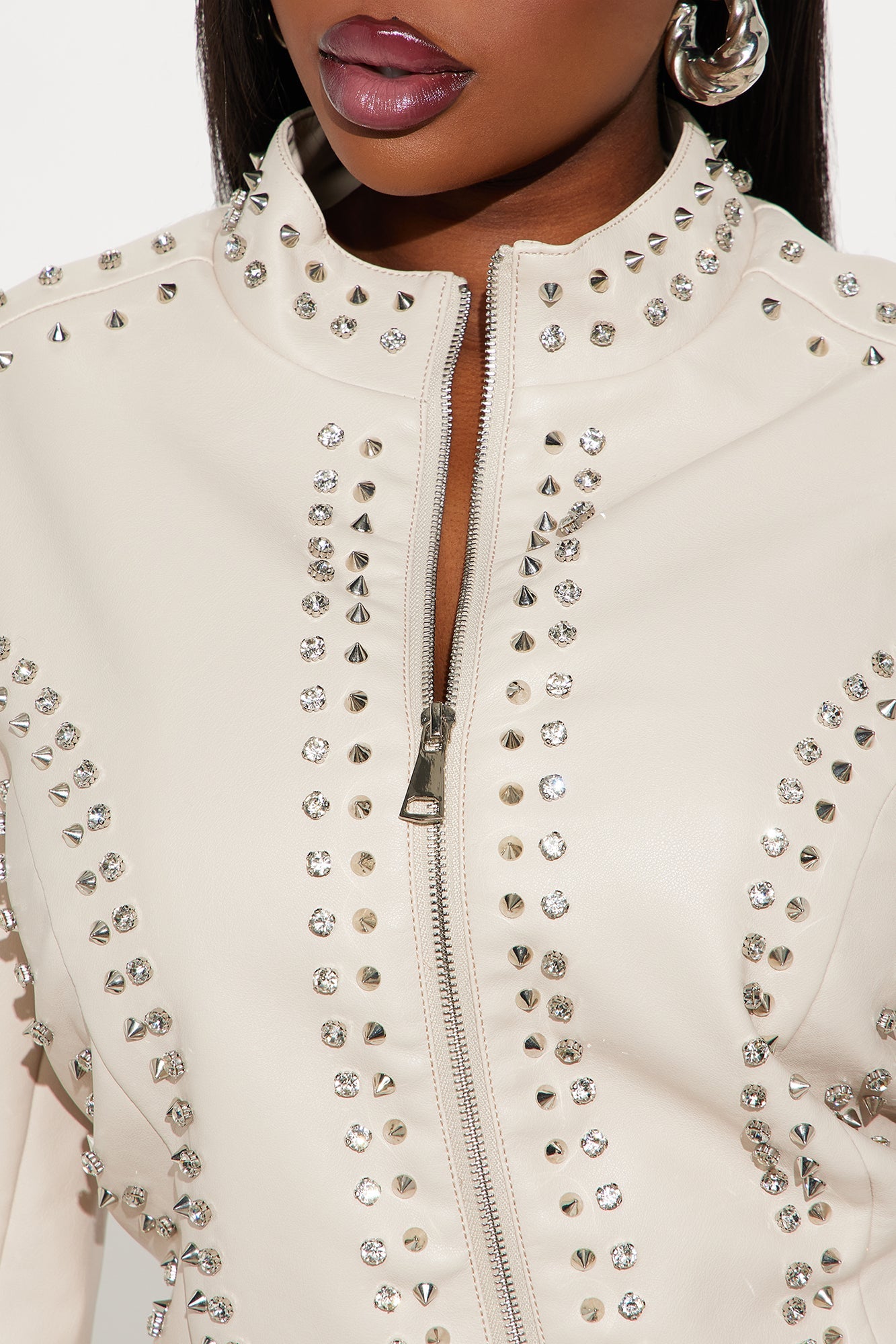 Worldwide Faux Leather Studded Moto Jacket - Stone