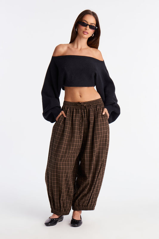 Jolene Plaid Barrel Pant - Chocolate