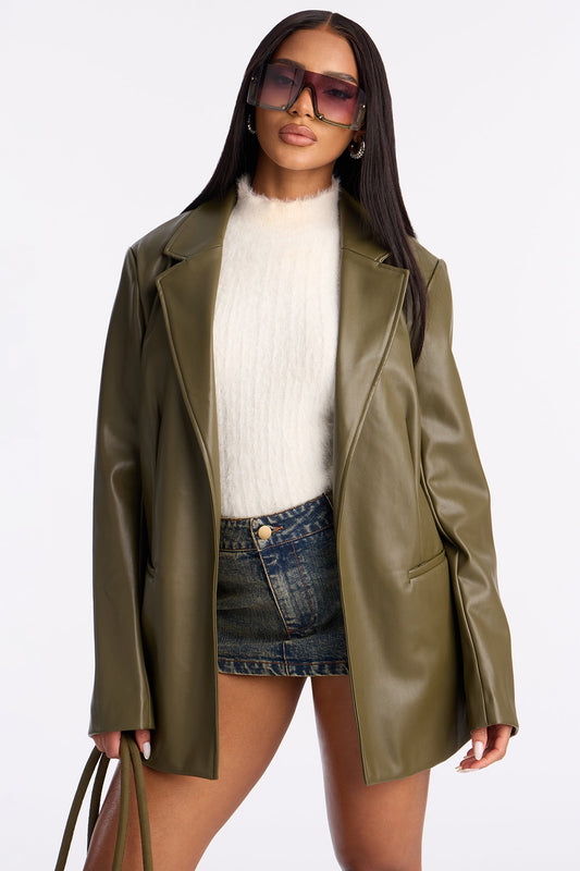 Ameli Oversized Faux Leather Blazer - Olive