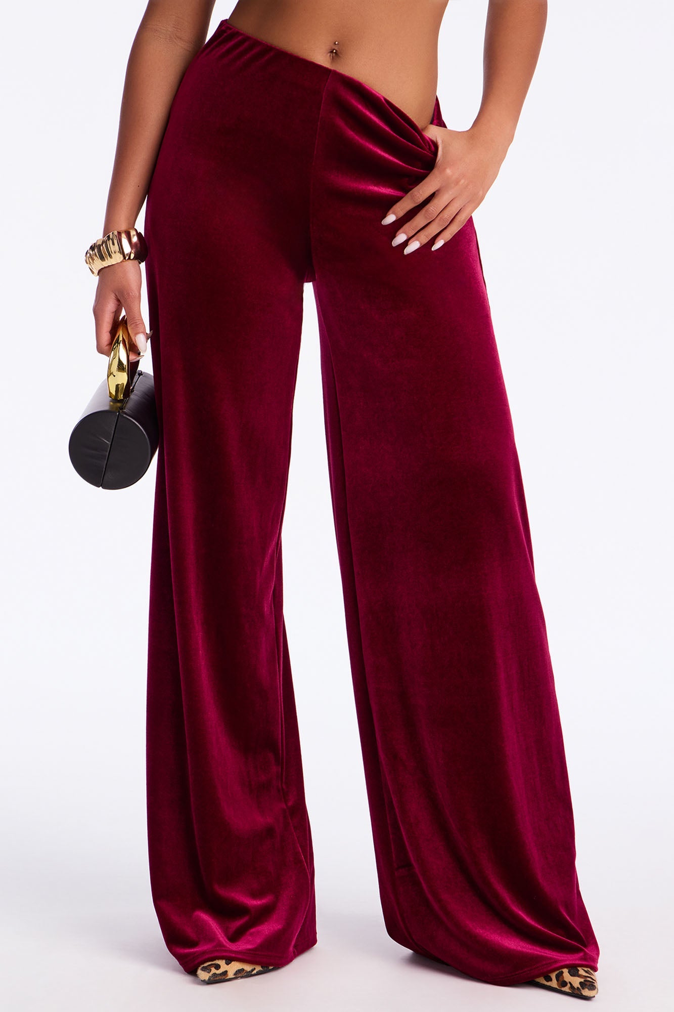 Night Glow Velvet Wide Leg Pant 32″ - Burgundy