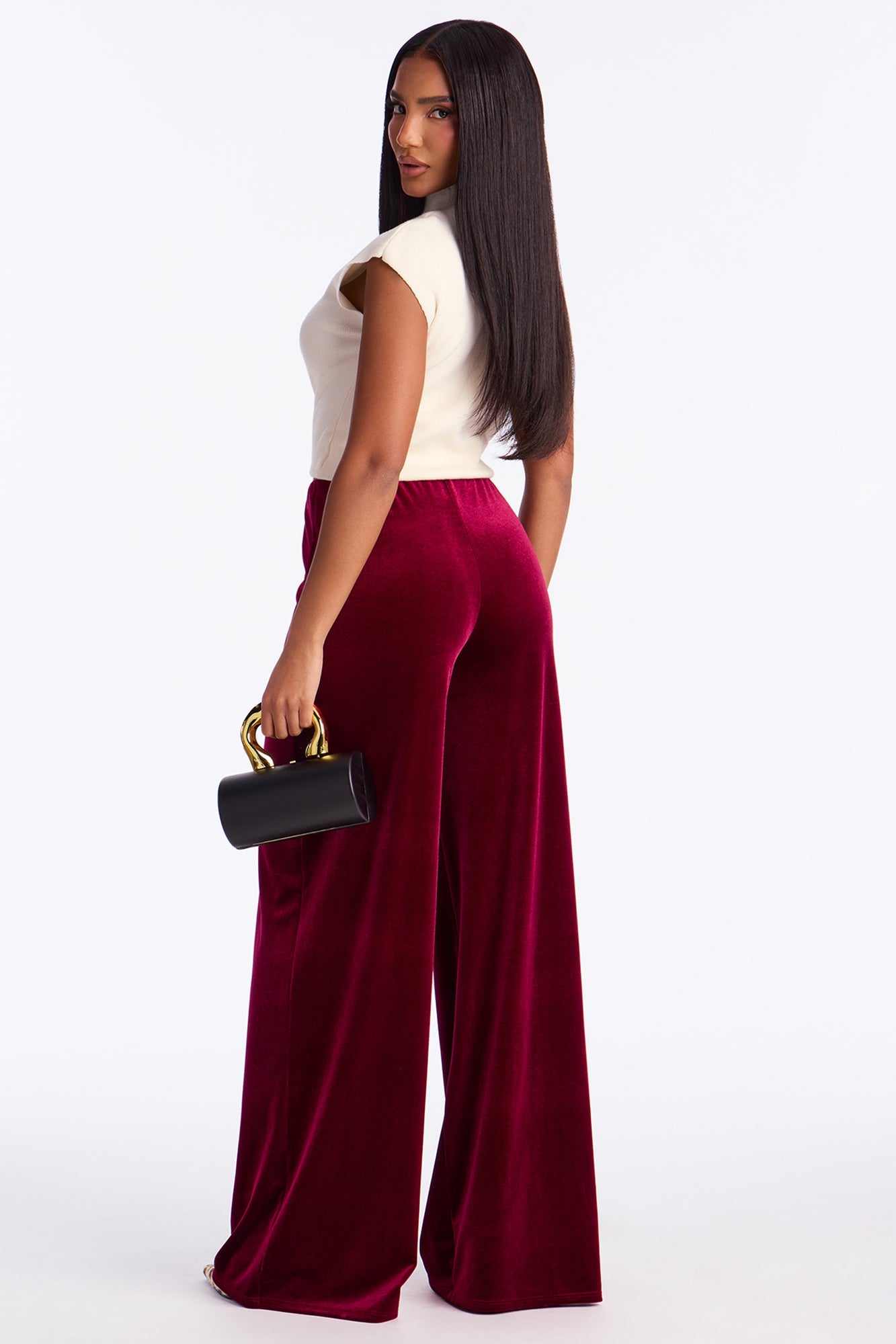 Night Glow Velvet Wide Leg Pant 32″ - Burgundy