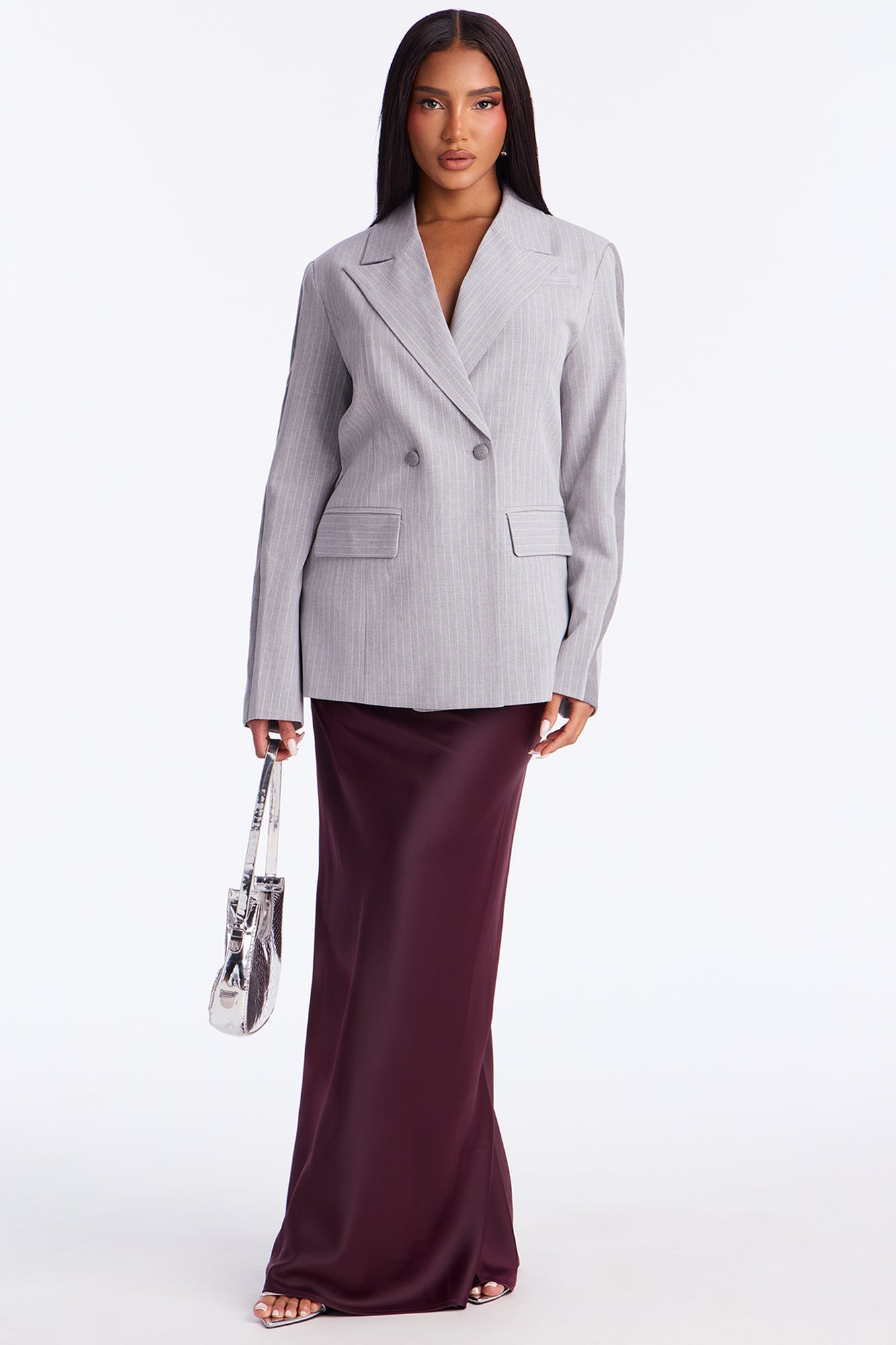 Evianna Twill Rigid Pinstripe Fitted Blazer - Charcoal/combo