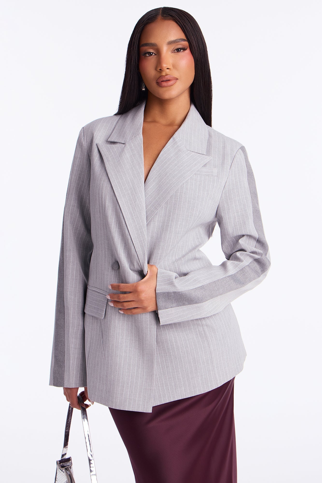 Evianna Twill Rigid Pinstripe Fitted Blazer - Charcoal/combo